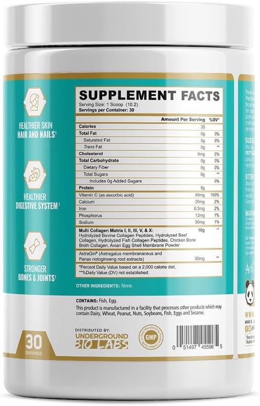 Underground Bio Labs: Panda Supps Hydrolyzed Grass-Fed Multi Collagen Peptides (Types I II III V and X) (30 Servings Unflavored)