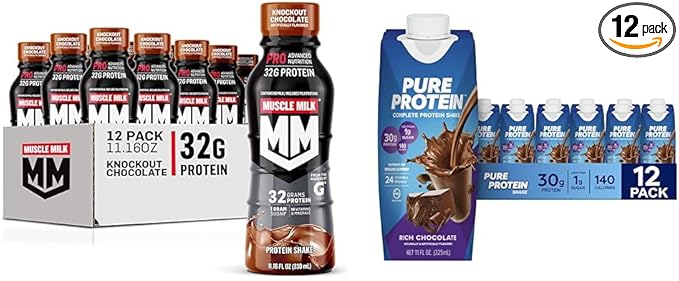 Muscle Milk Pro Advanced Nutrition Protein Shake Knockout Chocolate 11.16 Fl Oz Pack of 12 &amp Pure Protein Chocolate Protein Shake 30g Protein 11oz Bottles 12 Pack