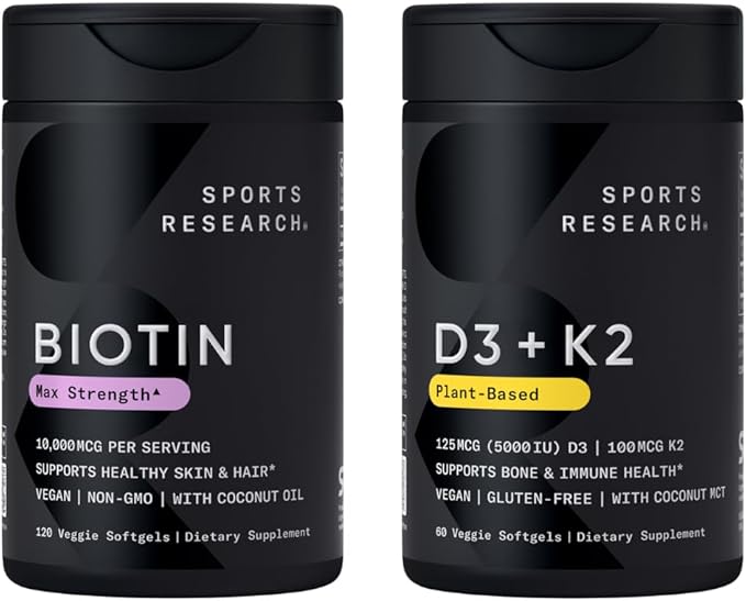 Sports Research® Body Wellness Pack - Vegan Vitamin D3 5000iu + K2 100mcg Mk7 with Coconut Oil (60 Softgels) and 10000mcg Biotin (Vitamin B7) for Healthy Skin and Hair Support (120 Softgels)