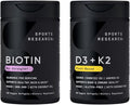 Sports Research® Body Wellness Pack - Vegan Vitamin D3 5000iu + K2 100mcg Mk7 with Coconut Oil (60 Softgels) and 10000mcg Biotin (Vitamin B7) for Healthy Skin and Hair Support (120 Softgels)