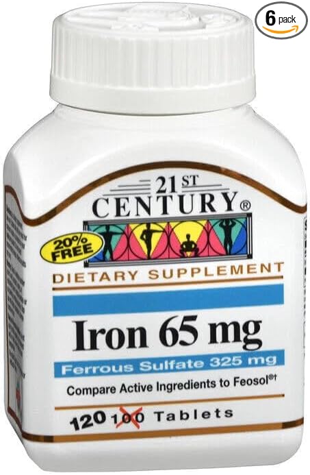 21st Century Iron 65 mg with Ferrous Sulfate 325 mg - 100 Tablets Pack of 6