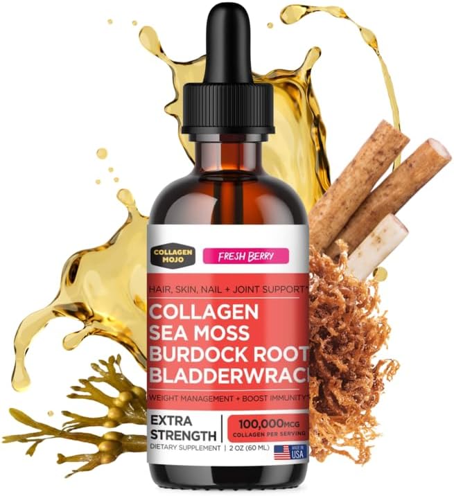 Colageno Hidrolizado para Mujeres y Hombres con Musgo Marino Raíz de Bardana y Bladderwrack. para el Cabello Piel Uñas y Articulaciones. Control de Peso y Refuerzo de inmunidad. 2 oz.