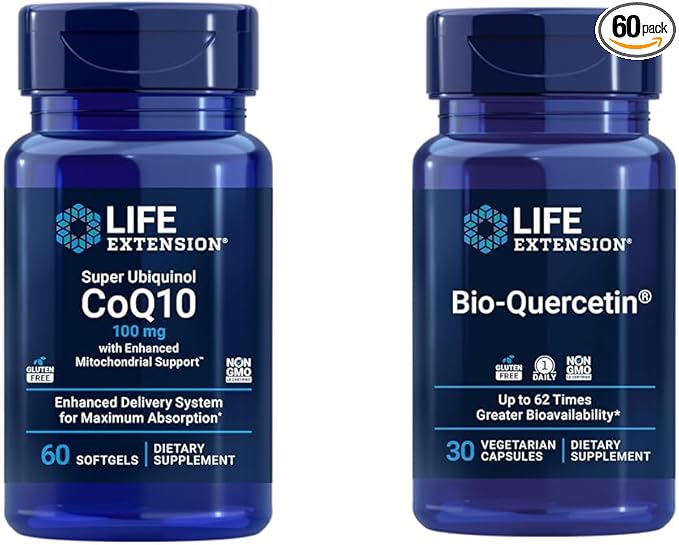 Life Extension Super Ubiquinol CoQ10 60 softgels Bio-Quercetin 30 Capsules - Heart Immune &amp Cellular Energy Support