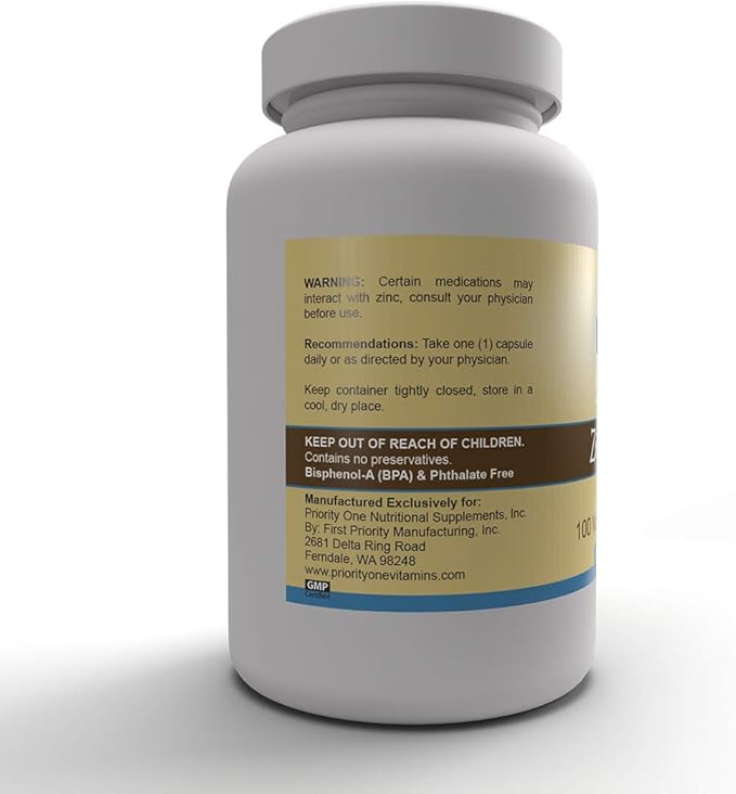 Priority One Vitamins Zinc Orotate 100 Vegetarian Capsules – Highly absorbable bioavailable Form of zinc – Support for a Healthy Immune System.*