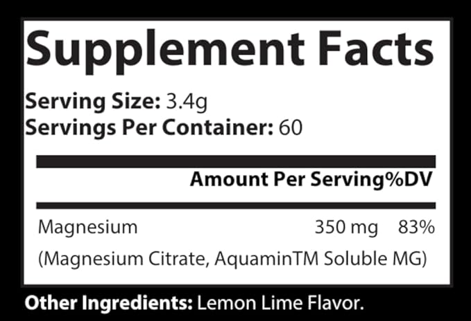 Magnesium Citrate Powder Lemon Lime | 350mg Per Serving | Sleep Support Muscle Recovery Highly Bioavailable with Aquamin | Non-GMO Sugar-Free 60 Servings