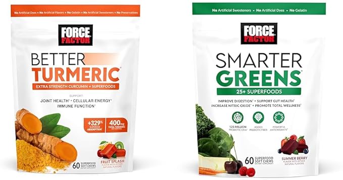 Force Factor Better Turmeric Joint Support Supplement for Extra Strength Joint Health &amp Smarter Greens Superfood Chews Greens and Superfoods with Probiotics Antioxidants