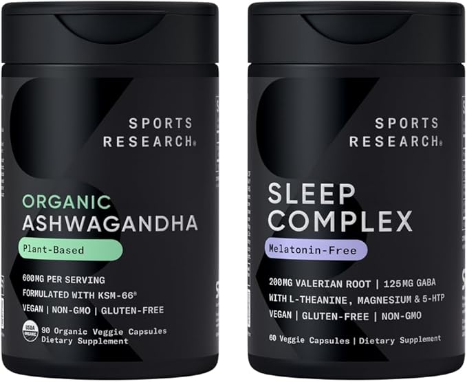 Sports Research® Sleep Pack - Organic Ashwagandha – Adaptogen for Relaxation Calm &amp Sleep Support 600 mg + Sleep Complex- Melatonin-Free Vegan Capsules