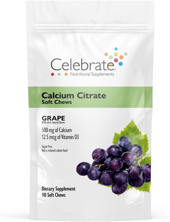 Celebrate Vitamins Bariatric 500mg Calcium Citrate Soft Chews with 500 IU Vitamin D3 – Essential for Gastric Bypass Patients &amp Bone Health - Sugar &amp Gluten Free Grape (90 Chews)