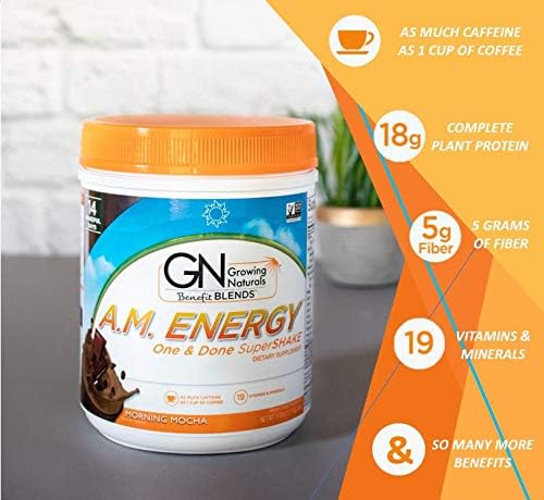 Growing Naturals All Natural Plant Based Protein One &amp Done Super Shake 18g Protein with Non-GMO High Fiber and Gluten Free A.M. Energy 1 Pound (Pack of 1)