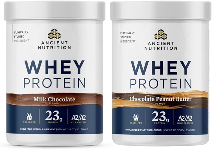 Ancient Nutrition Grass-fed Whey Protein Powder Chocolate Peanut Butter 18 Servings + Grass-fed Whey Protein Powder Milk Chocolate 20 Servings