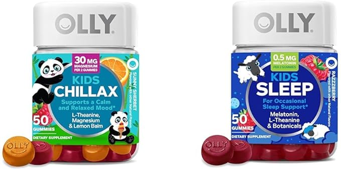 OLLY Kids Chillax Gummies L-Theanine Magnesium Lemon Balm 50 Count &amp Sleep Gummies 0.5mg Melatonin L Theanine Chamomile Lemon Balm 50 Count