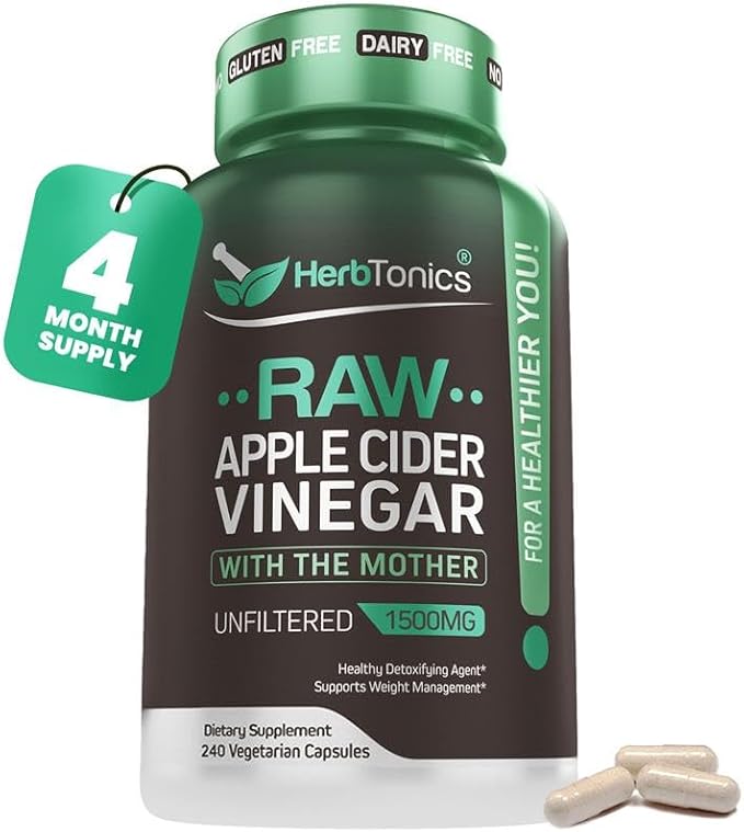 Herbtonics Raw Apple Cider Vinegar Capsules 1500mg with Mother | Weight Management Detox &amp Digestion Formula with GLP-1 Support | Unfiltered ACV for Metabolic Support | 240 Vegan Capsules