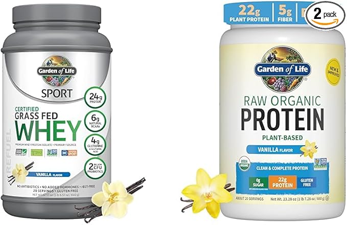 Garden of Life Grass Fed Whey Protein Powder and Organic Vegan Protein Powder Bundle - 24g and 22g Protein