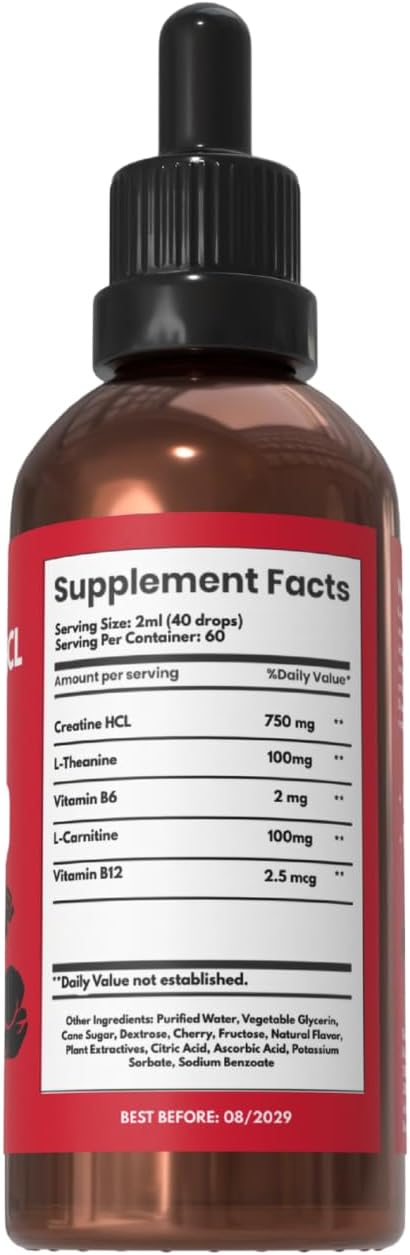 Creatine HCL Liquid Drops for Men &amp Women - 2ml Per Serving L-Theanine Vitamin B12 &amp B6 L-Carnitine - High Absorption 4 Fl Oz (120ml) (4 FL OZ Cherry)