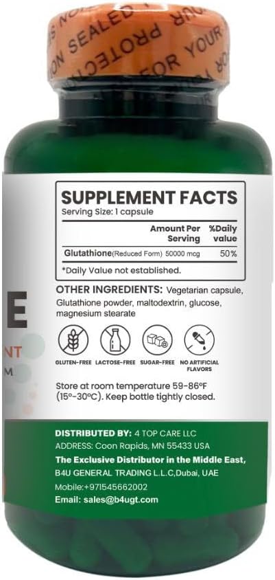 H4U Premium Glutathione Supplement - 50000 mcg Capsules - Antioxidant Support for Liver Health Skin Whitening and Anti-Aging - 60 Count - Gluten-Free Non-GMO