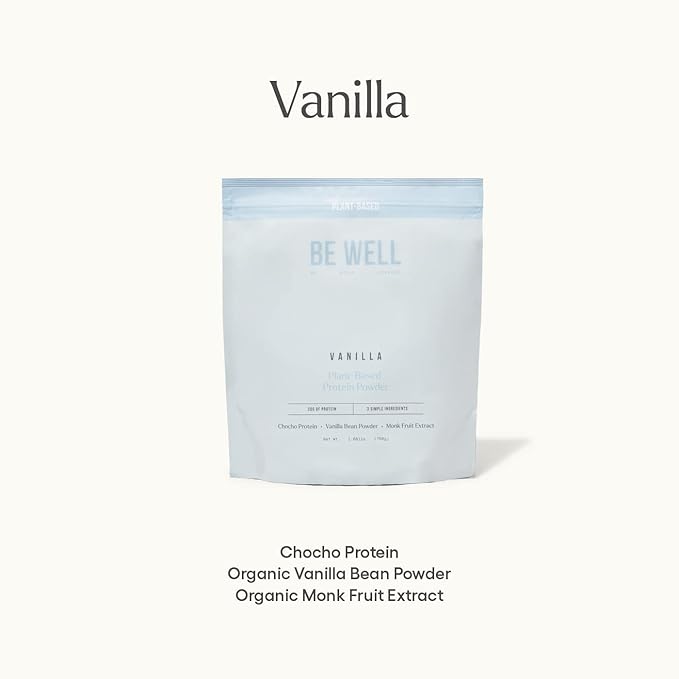 Be Well By Kelly Vanilla Plant-Based Protein Powder Vegan 20G Protein 8G Fiber 0 Net Carb (3 Ingredients 20 Servings) 9 Amino Acids+3 BCAAs No Soy No Dairy Stevia-Free No Sugar Added 1.68lb 760g