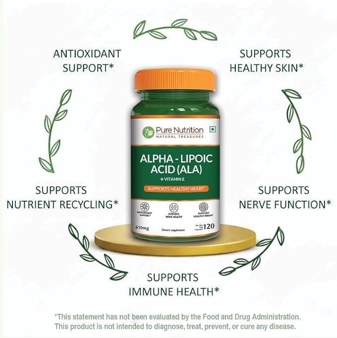 Pure Nutrition Alpha Lipoic Acid 600mg + Vitamin E | 120 Caps | Powerful Antioxidant to Support Nerve &amp Heart Health*. | Non-GMO