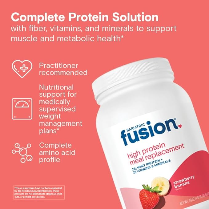 Bariatric Fusion Strawberry Banana Meal Replacement 27g Protein Powder 21 Serving Tub for Bariatric Surgery Patients Including Gastric Bypass and Sleeve Gastrectomy - No Gluten Aspartame or Sugar