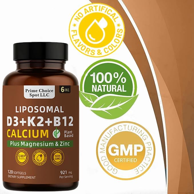 Vitamin D3 K2 B12 with Calcium Magnesium Zinc – 6-in-1 Bone &amp Muscle Support Complex | High Potency D3 5000 IU + K2 MK7 for Calcium Absorption Mobility &amp Energy | Non-GMO 120 Softgels