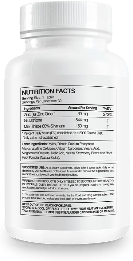PaleoLife Premium Glutathione + Milk Thistle + Zinc - 30 Chewable Tablets Cherry Flavor (1-Pack)