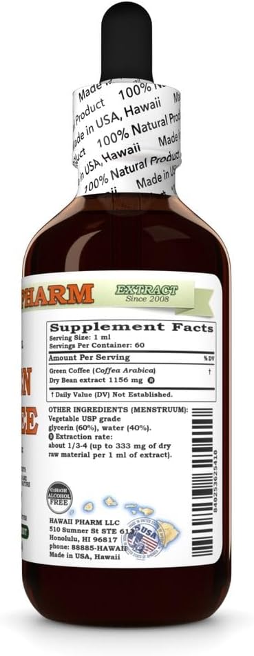 Green Coffee (Coffea Arabica) Dry Bean Glycerite Made in Hawaii All Natural Vegan Lab Tested Alcohol-Free Liquid Extract - 2 fl.oz