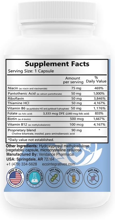 EcoIntegratives B Complete with Folate All Vitamins B1 B2 B3 B5 B6 B7 B9 B12 and Choline Bitartrate for EnergyBrain Clarity Neuro Metabolism Vegan 100 Capsules