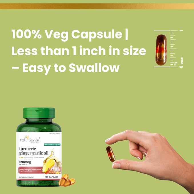 VOLL Sante 3 in 1 Turmeric Ginger Garlic Oil Capsule—1200 mg Per Serving | HPMC Plant-Based Capsule | Ayurvedic Dietary Supplement | Non-GMO | 120 Veg Capsules
