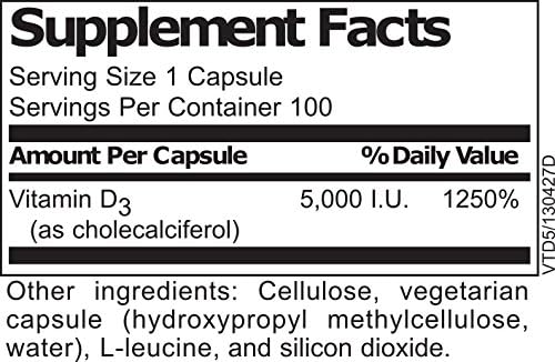 Vitamin D3 5000 IU Supplement | Pure High Potency Natural Vitamin D | 100 Vegetarian Capsules