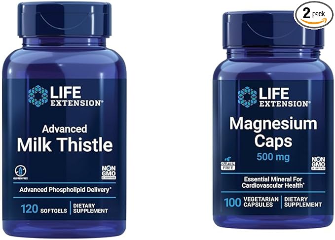 Life Extension Advanced Milk Thistle 120 Softgels and Magnesium 500mg Capsules for Liver Health Detox Support Heart Health and Healthy Bones