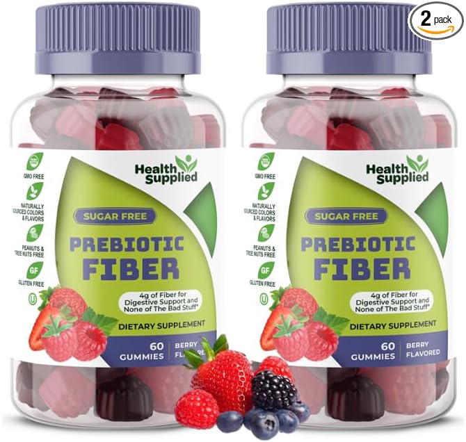 Health Supplied Mixed Berry Flavored Prebiotic Fiber Gummies - Supports Digestive System Gut Cleansing Constipation Relief - Assists with Weight Loss Plan - Great Tasting and Easy to Swallow