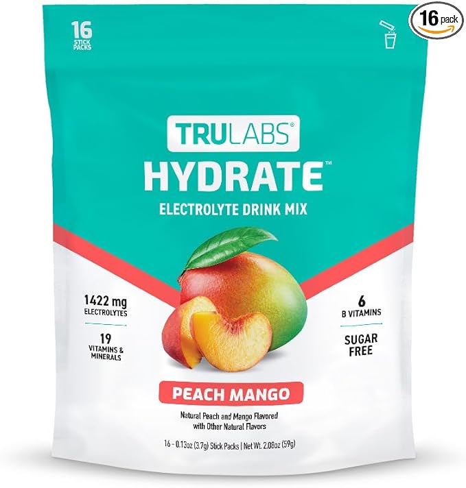 TRULABS Hydrate - Peach Mango. Sugar Free Electrolytes Hydration Packets. Each Serving Contains 1422 mg of Electrolytes &amp19 Vitamins &amp Minerals (16 ct)