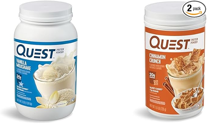 Quest Nutrition Vanilla Milkshake Protein Powder 24g of Protein 1g of Sugar Low Carb Gluten Free 3 Pound 43 Servings &amp Cinnamon Crunch Protein Powder 20g Protein 2g Net Carb 1g Sugar