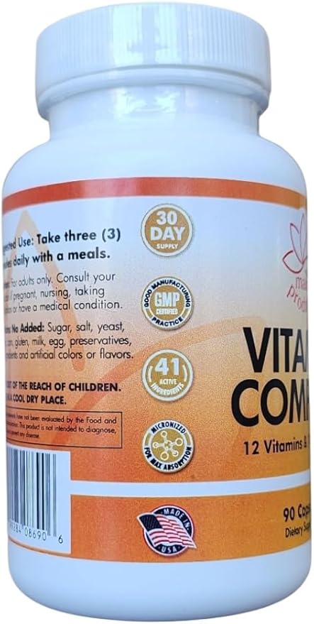 Vitamin Complex Multivitamins and Multiminerals - 12 Vitamins and 14 Minerals Vitamin A C D3 E B1 B2 B3 B5 B6 B9 B12 H and Minerals - 90 capsules 41 Active Ingredients Micronized for max absorption.
