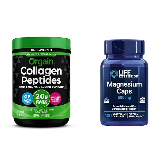 Orgain Hydrolyzed Collagen Peptides Powder Life Extension Magnesium Caps 500mg - Joint Hair Skin Nail Support &amp Heart Health