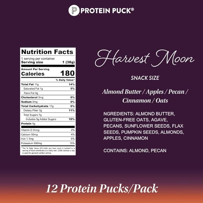 Protein Puck Vegan Plant based Protein Bar – Natural Healthy Snack Bars 12 Count 1.34oz Mini Gluten Free Dairy Free No GMO Kosher – Harvest Moon - Apple Cinnamon Pecan Sport Nutrition