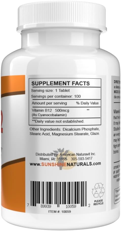 Sunshine Naturals Vitamin B12 500 mcg Dietary Supplement Energy Support 100 Tablets (5 Pack)