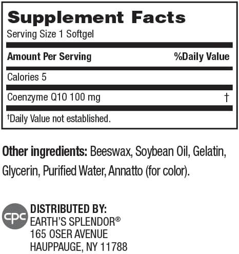Earth's Splendor CoQ10 Supplement 120 Softgels 100mg Coenzyme Q10 Contain 4 Month Supply