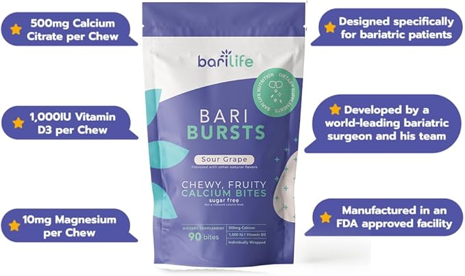 Bari Life Just One Once Daily Bariatric Multivitamin with Iron (30 Tablets) and BariBurst Calcium Citrate Soft Chews for Gastric Bypass Gastric Sleeve and Duodenal Switch (Sour Grape)