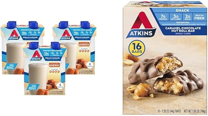 Atkins Energy Shake Creamy Caramel with Protein Gluten Free 4 Count(Pack of 3) and Caramel Chocolate Nut Roll Snack Bar High in Fiber 2g Sugar 16 Count