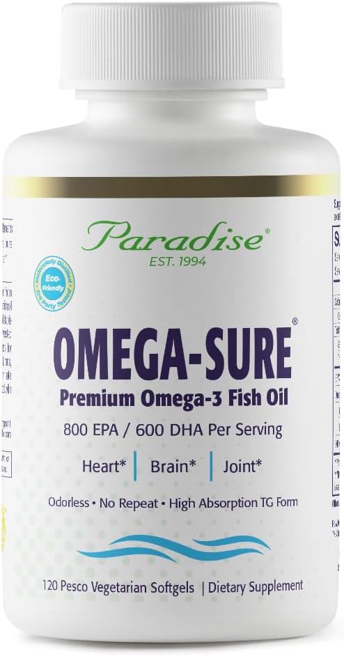 Paradise Herbs Omega-Sure Omega-3 Concentrate Premium Fish Oil DHA EPA Vegan Non GMO Gluten Free 120 Count Vegetarian Softgels
