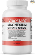Vita4Life!® - Premium Magnesium Citrate High Absorption Capsules (240 Count)