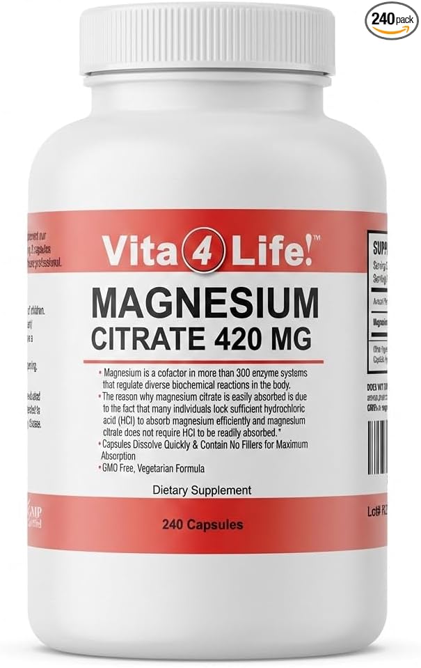Vita4Life!® - Premium Magnesium Citrate High Absorption Capsules (240 Count)