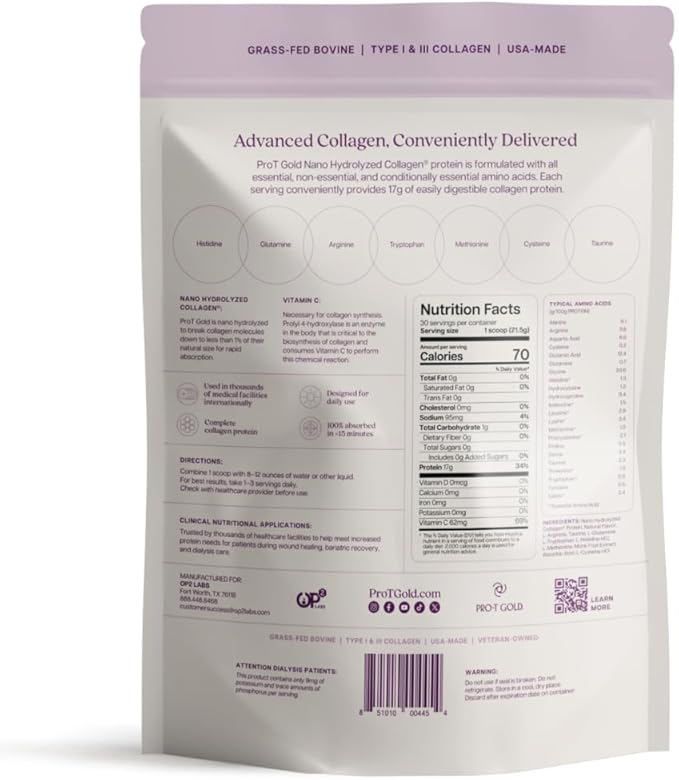 ProT Gold Collagen Protein Powder 17g Protein Nano-Hydrolyzed Grass Fed Collagen Vitamin C 2g Arginine for Wound Support Gluten Free All Natural Fat and Sugar Free 0g Carbs Vanilla 23 oz 30