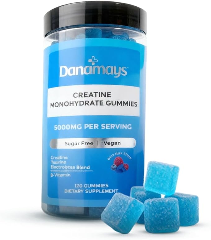 Creatine Gummies with Electrolytes | 5000 mg Creatine Monohydrate | Taurine Magnesium Potassium &amp Sodium | Blue Raspberry Flavor | Vegan Gummies