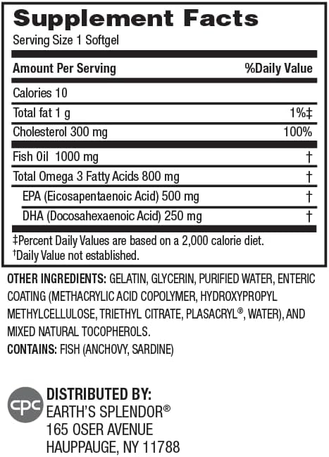 Earth's Splendor Fish Oil Supplement 120 Softgels 500mg EPA / 250mg DHA 1000mg Enteric-Coated 4 Month Supply