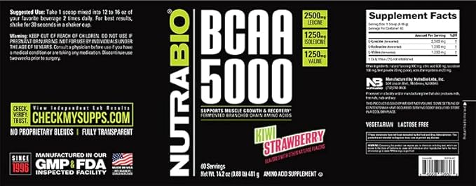 NutraBio BCAA 5000 Powder - Vegan Fermented BCAAs - Supports Lean Muscle Growth Recovery Endurance - 60 Servings - Kiwi Strawberry