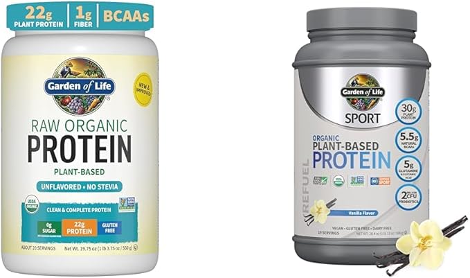Garden of Life Organic Vegan Unflavored Protein Powder 22g Complete Plant Based Raw Protein &amp Organic Vegan Sport Protein Powder Vanilla - Probiotics BCAAs 30g Plant Protein