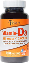 Sunshine Naturals Vitamin D3 Dietary Supplement. High Strength for Immune System Support Bone Health Mood Boost and Muscle Function. Supports Healthy Calcium Absorption. 100 Gels.