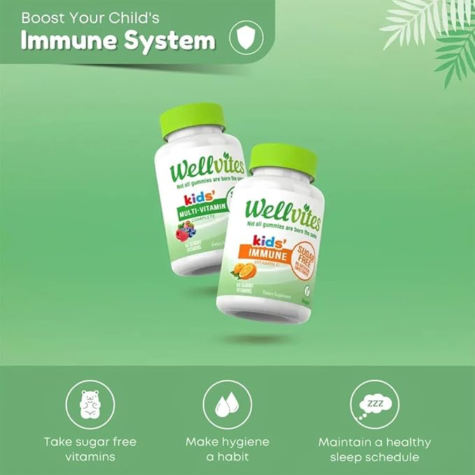 Wellvites Kids Multivitamin &amp Immune Daily Gummies Bundle - Sugar Free Vegan Non-GMO – Vitamins for Kids – Vitamin C for Kids Immune Support - No Artificial Sweeteners – 60 Count