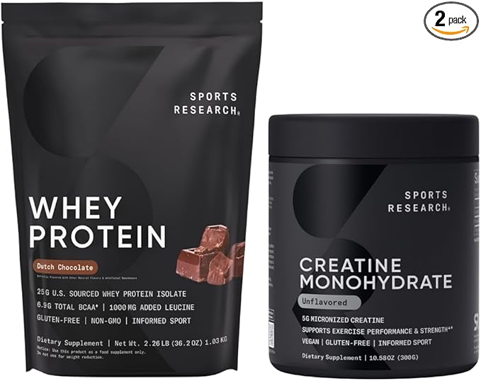 Sports Research Creatine Monohydrate (10.58 oz) and Dutch Chocolate Whey Protein (2 lbs) The Dynamic Duo for Lean Muscle Building Improved Performance and Strength &amp Workout Recovery